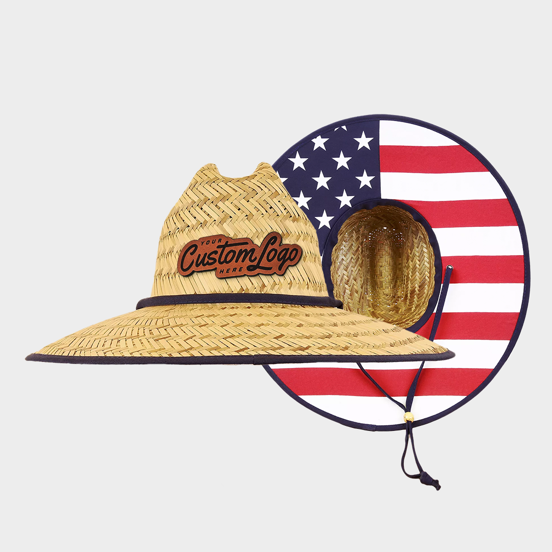 Custom Leather Patch Straw Lifeguard Hat with Colored Brim Decky 528