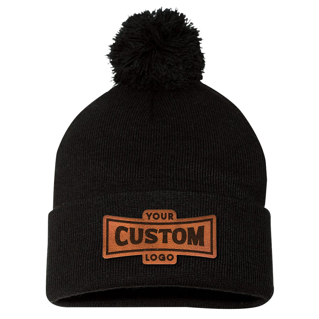 Custom Leather Patch Pom-Pom Knit Beanie